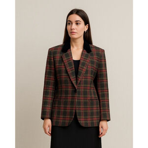 90s Tartan Plaid Blazer Plus Sz 18 Wool Preppy Velvet Vintage Dark Academia Chic